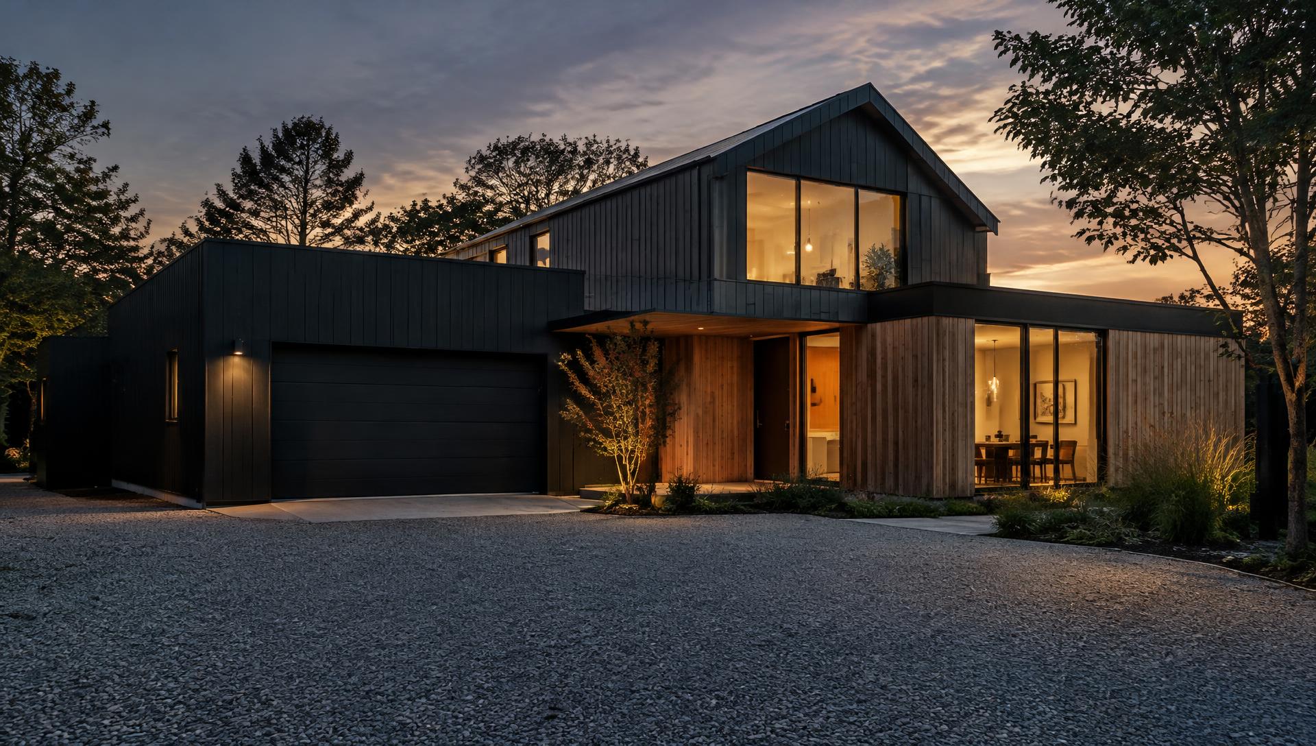 Modern wood-clad house lit up at dusk