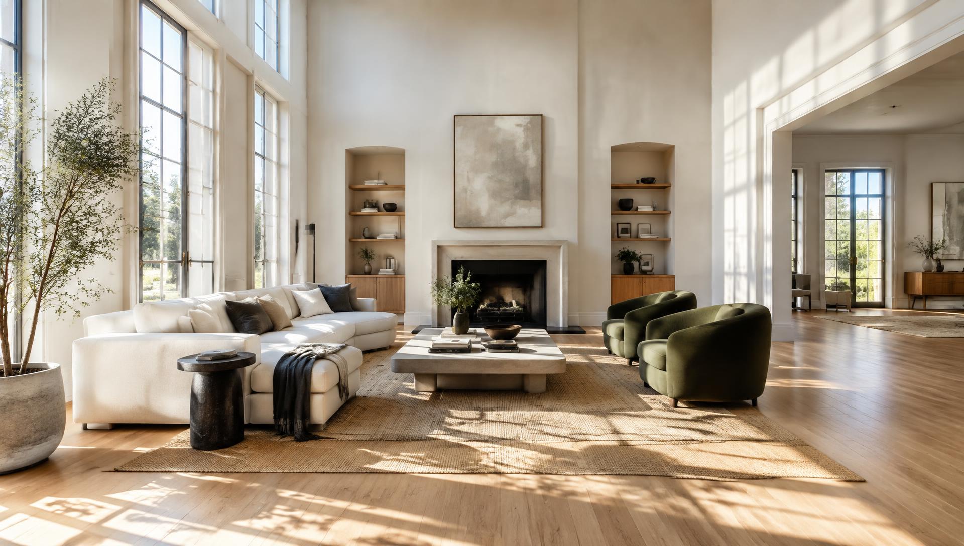 Sunlit living room with tall windows and oak floors