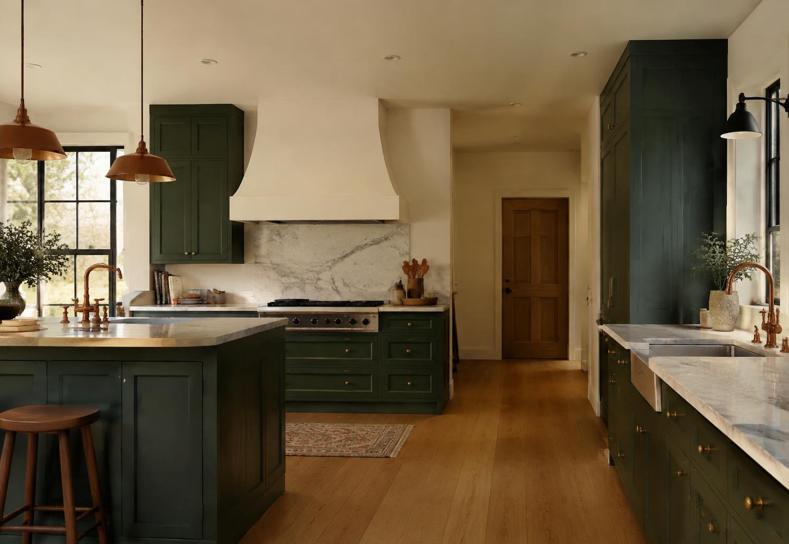 Kitchen with evergreen cabinets and copper pendants